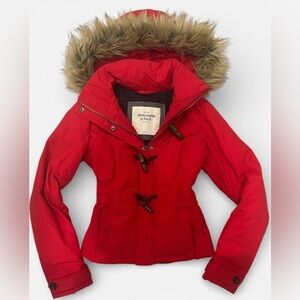 Y2K Abercrombie & Fitch Red Hooded Toggle Puffer with Faux Fur Trim